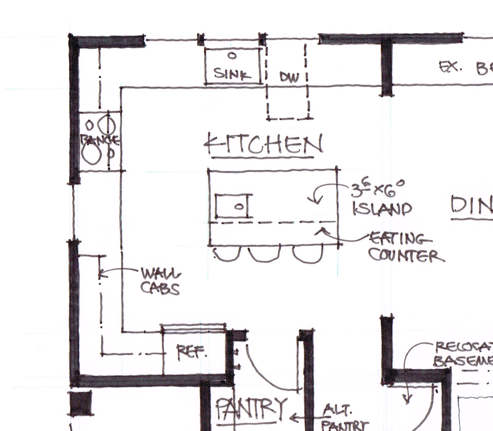 Plan B is a more open design between the kitchen and dining room with 